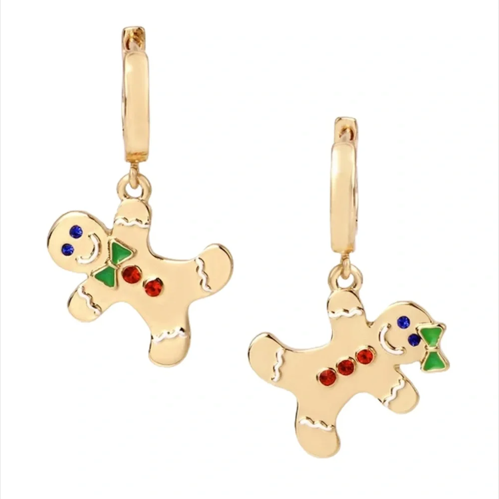 Betsey Johnson Feliz Navidad Gingerbread Drop Earrings, Gold Tone - Picture 1 of 5